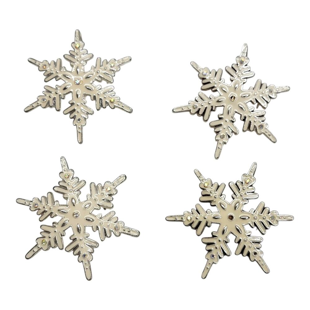 Set 4 Vintage Snowflake Brooch Pin Pendant Silver Tone Enamel AB Rhinestones